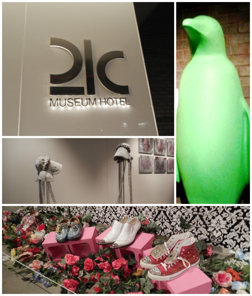 21C is a museum hotel that has rotating exhibits. Several of the exhibits on display for this event showed different kinds of fashion from really fun high-top tennis shoes to jeweled bonnets. Notice the green penguin? That's the hotel's signature. They are all over the hotel. 