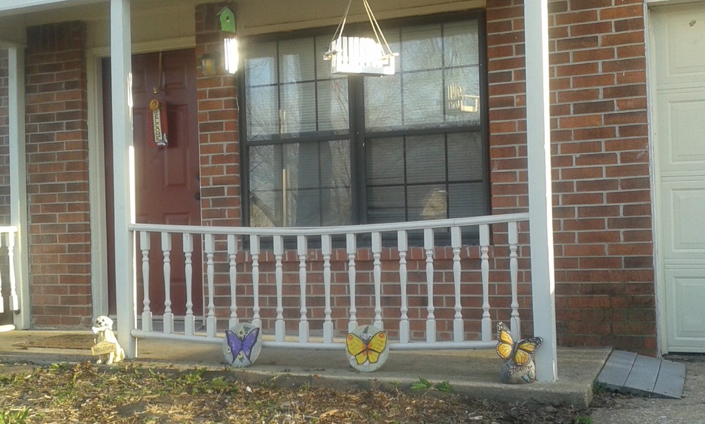 A view of our front porch. Yes, that's a butterfly wind chime, a butterfly on our door hanging, and three butterfly garden sculpture thingies. I like butterflies but agree I need to find other bugs to decorate! I'm thinking dragonflies and ladybugs. 