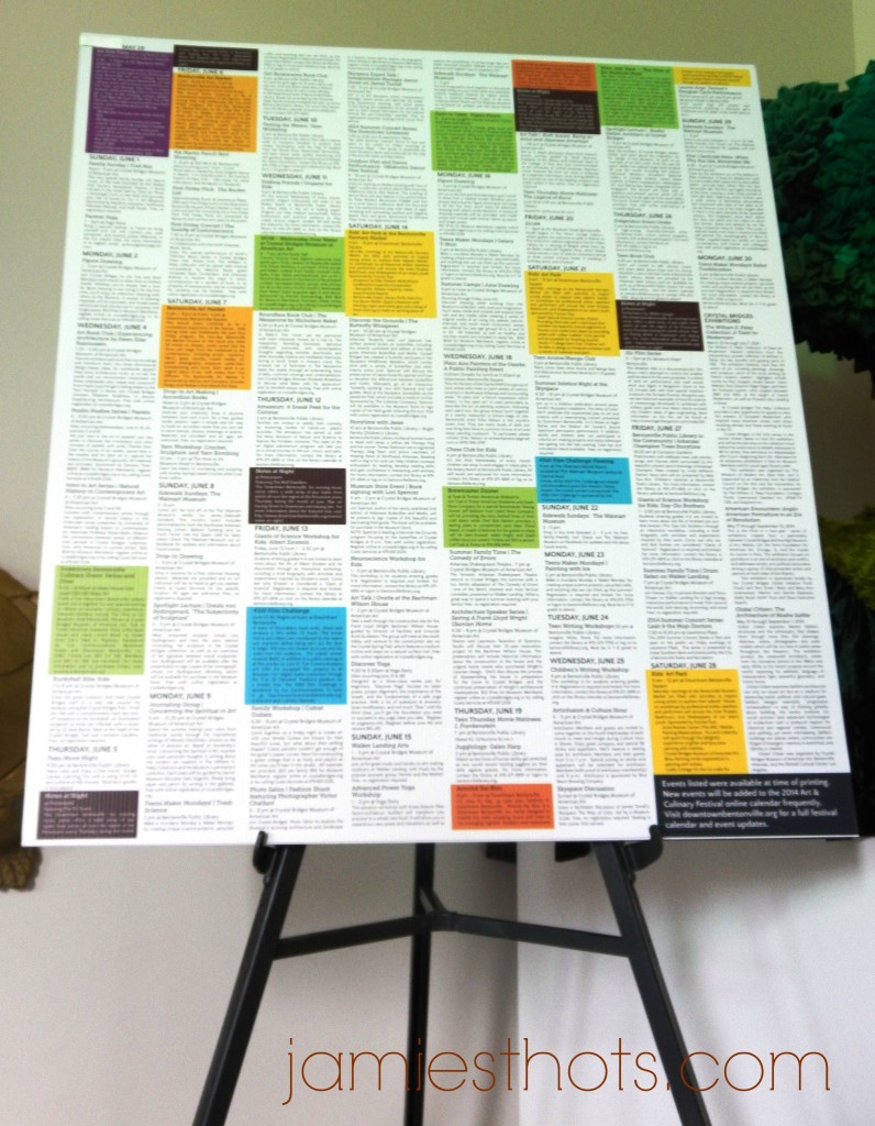 This is the schedule for the Bentonville Art and Culinary Festival. Don't worry, there's a much bigger and readable one available at downtownbeonville.org