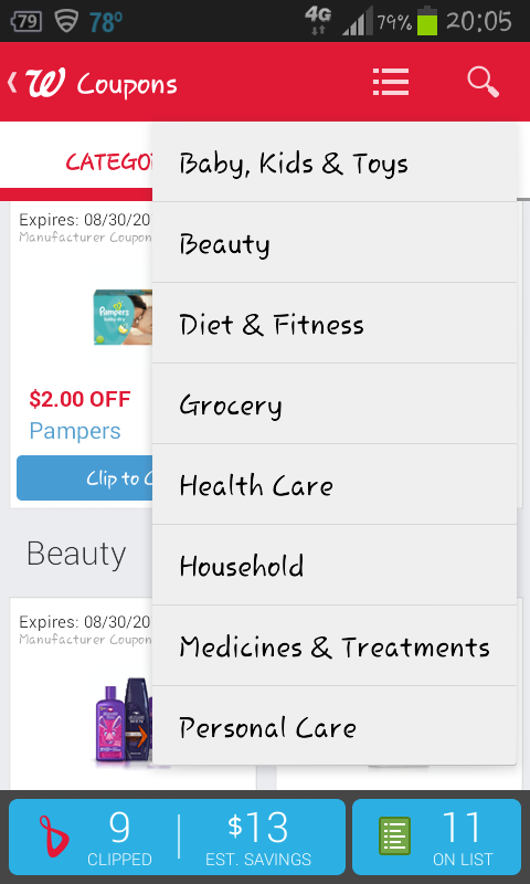 The Walgreens app lets you add both digital coupons and deals from the weekly online ad to your shopping list and it shows you your total expected savings. 