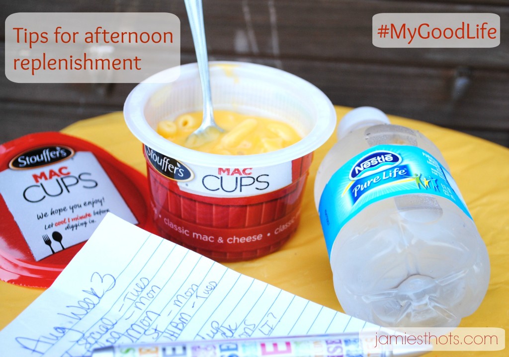 Get tired in the afternoon? Take a break and enjoy new Stouffer's Mac Cups and Nestle Pure Life water.  What other ways do I replenish my resources in the afternoon? Find out. 