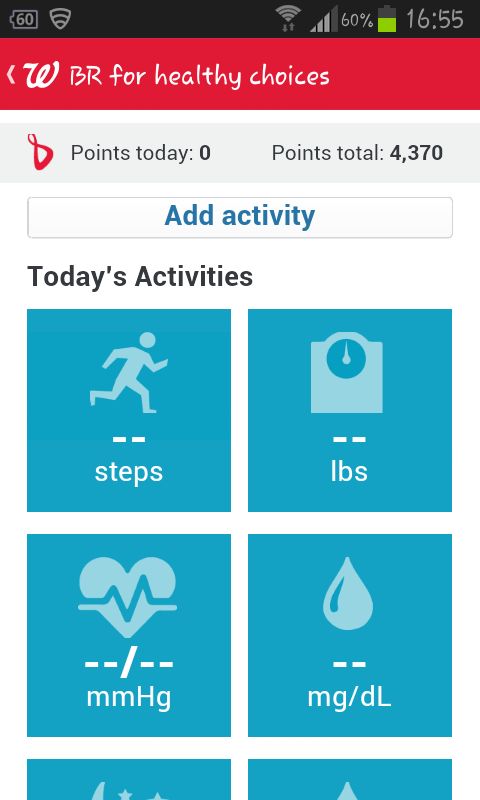 The app (you can do the same program on the Walgreens website) lets you track pounds lost or gained, physical activity (it lets you add your own so I call mine "wheeling), pulse-ox, blood pressure, sleep