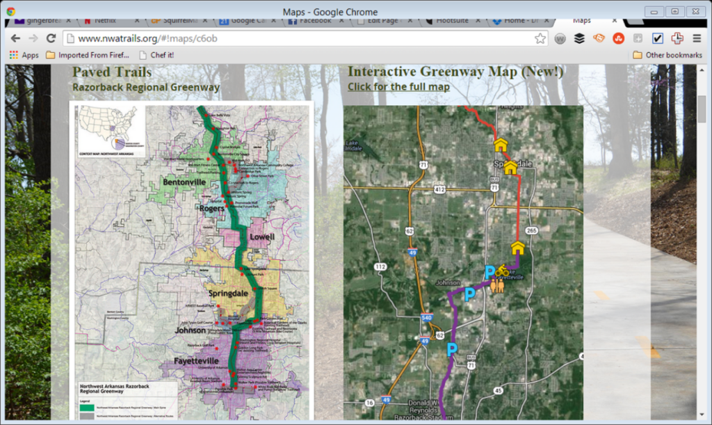 This is a screen shot from the NWA Trails website. It shows the Razorback Greenway. 