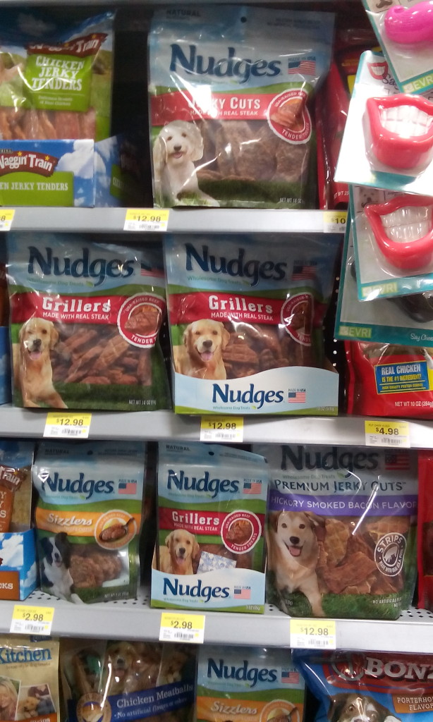 Nudges can be found in the Dog Treat section at your local Walmart pet center. Each store will vary on what they offer but overall you might find: Grillers –Chicken (18oz) or Steak (3oz & 18oz); and Sizzlers – Chicken Bacon (3oz & 18oz) and Beef & Cheese (3oz & 18oz).