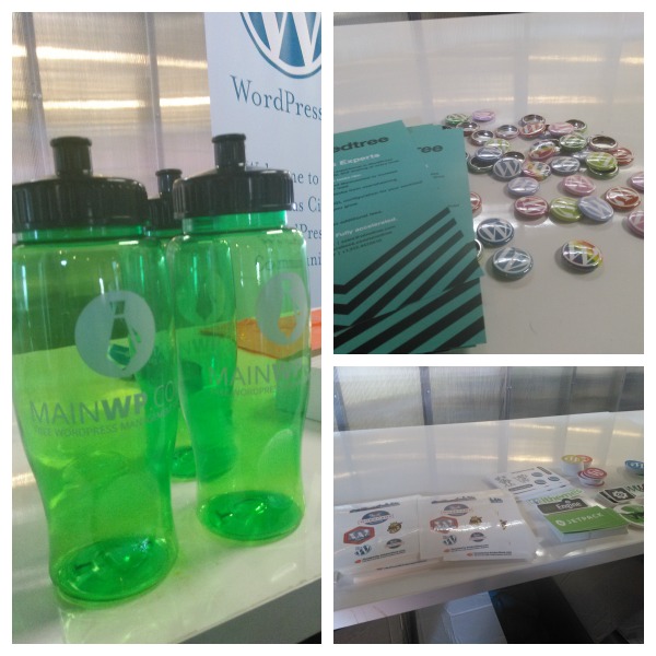 The conference also had its usual WordCamp swag including bottles, pins, stickers, etc. 