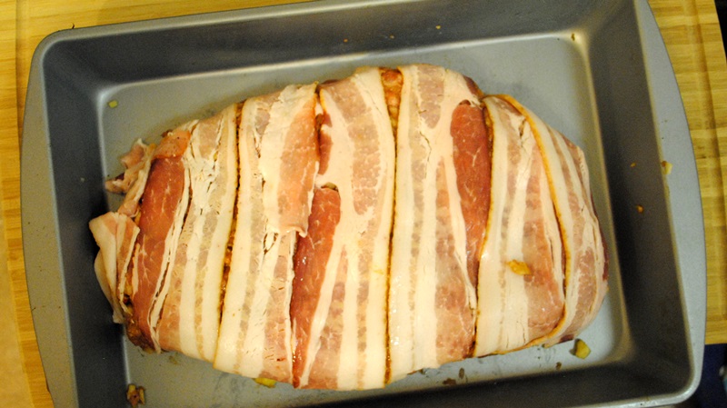 Wrapping the meatloaf in bacon was a lot simpler than it looked. Just make sure to tuck the edges underneath. 