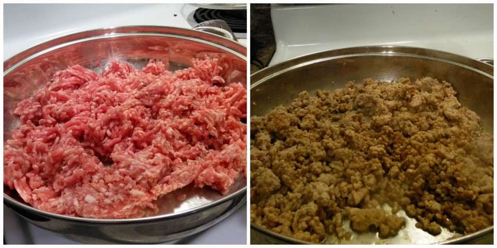 The left is raw ground pork. The right is once it has been browned. You can see it's lighter than beef (both in color and the amount of grease created). 