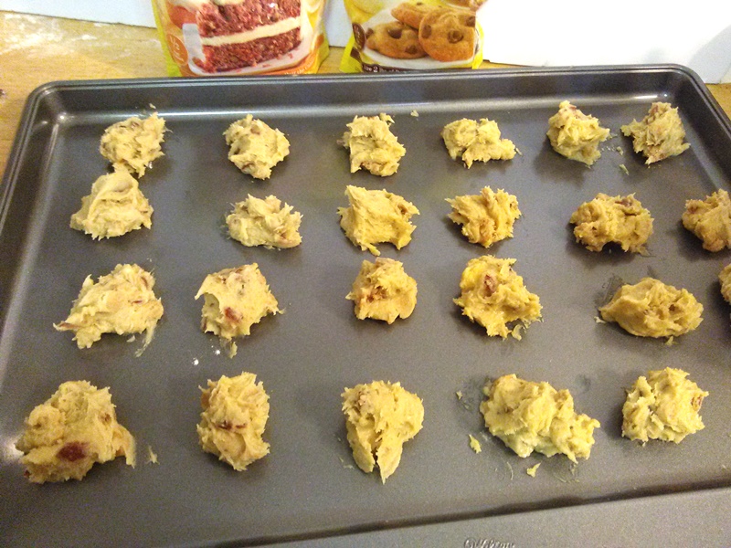 Place heaping tablespoons in even intervals on a non-stick baking sheet. I didn't need to use spray but use your own judgement. 