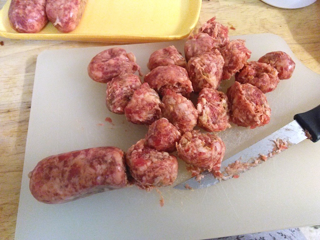 I have to use a steak knife to slice the mild Italian sausage. If you have a method for doing this in a way that makes the slices prettier, please let me know. 