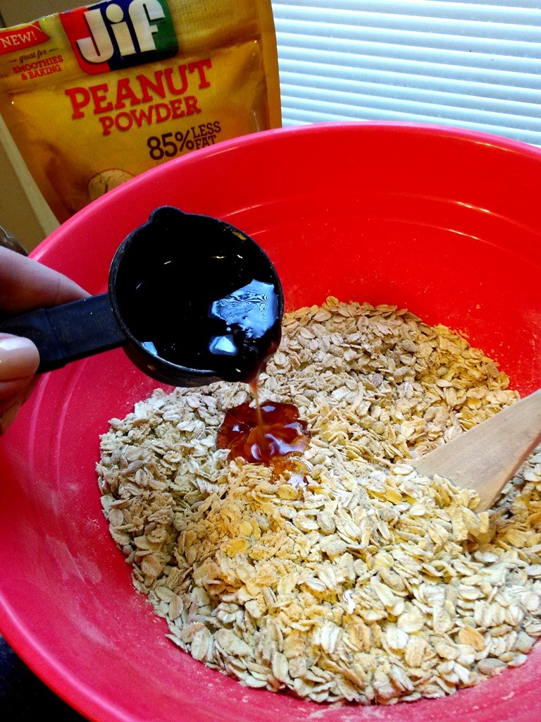 Add the honey 1/4 cup at a time and mix it in as you go. 