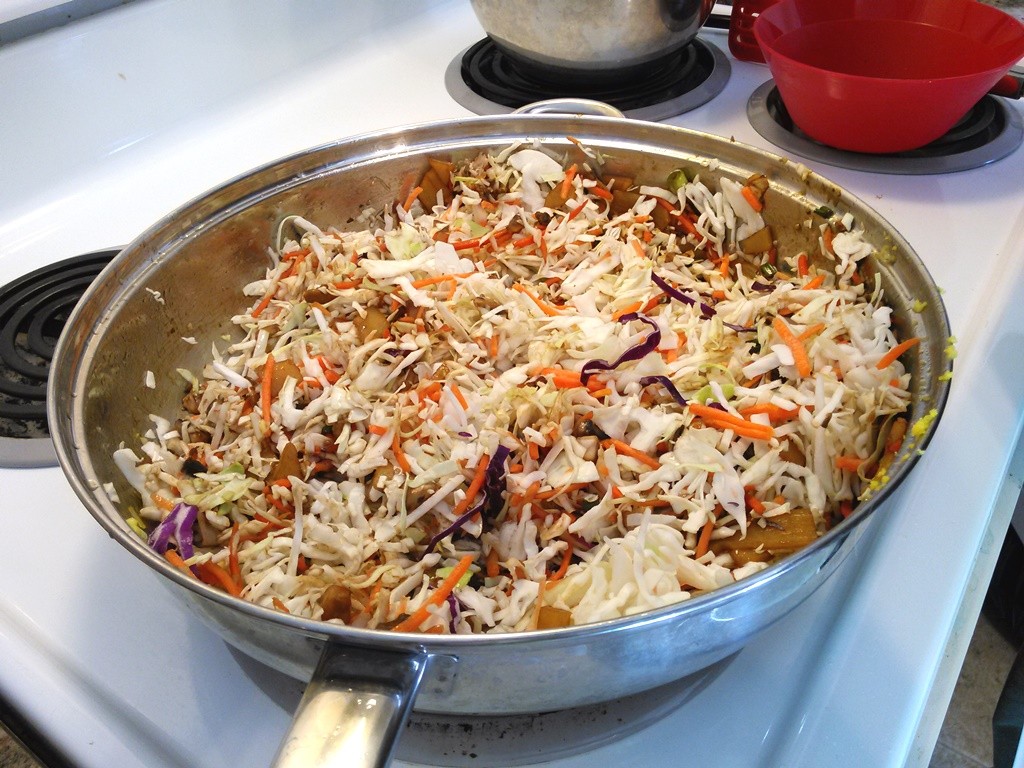 Add the coleslaw mix and cover to steam cook the veggies until the cabbage is slightly wilted. 
