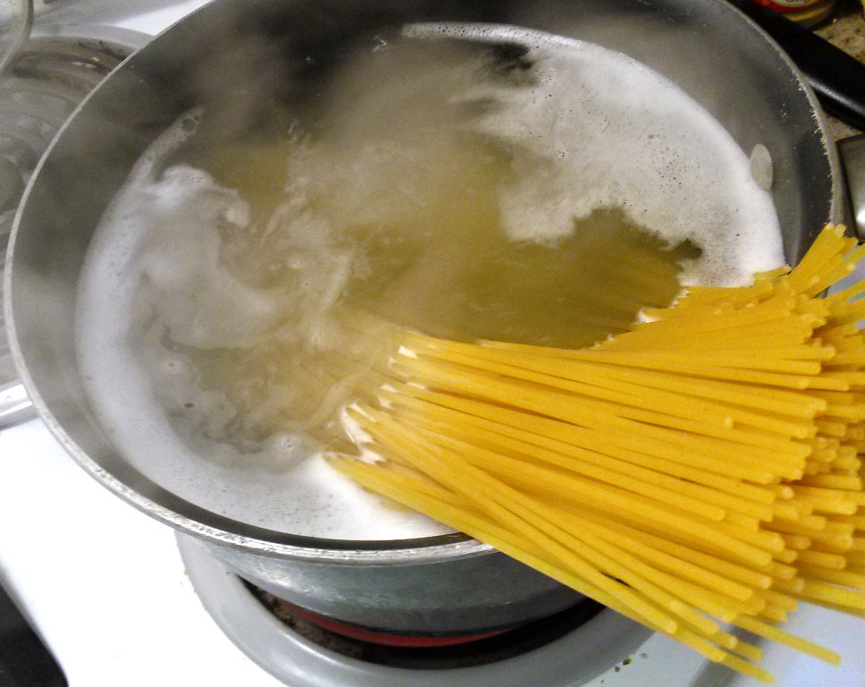 Cook enough pasta for the size of your pot. I add the spices after I'm able to fold all the spaghetti in the water. My husband breaks the spaghetti before putting it in the pot so either method works. 