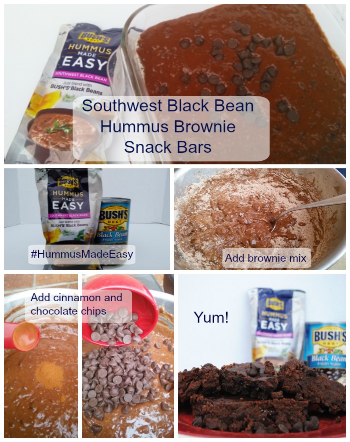 These Southwest Black Bean Hummus Brownie Snack Bars are quick and simple! Just blend the Hummus Made Easy mix with the Bush's Black Beans, add brownie mix, a little bit of cinnamon and chocolate chips, then bake. You can leave it unbaked and eat it like a sweet and savory dip (no raw eggs!). 