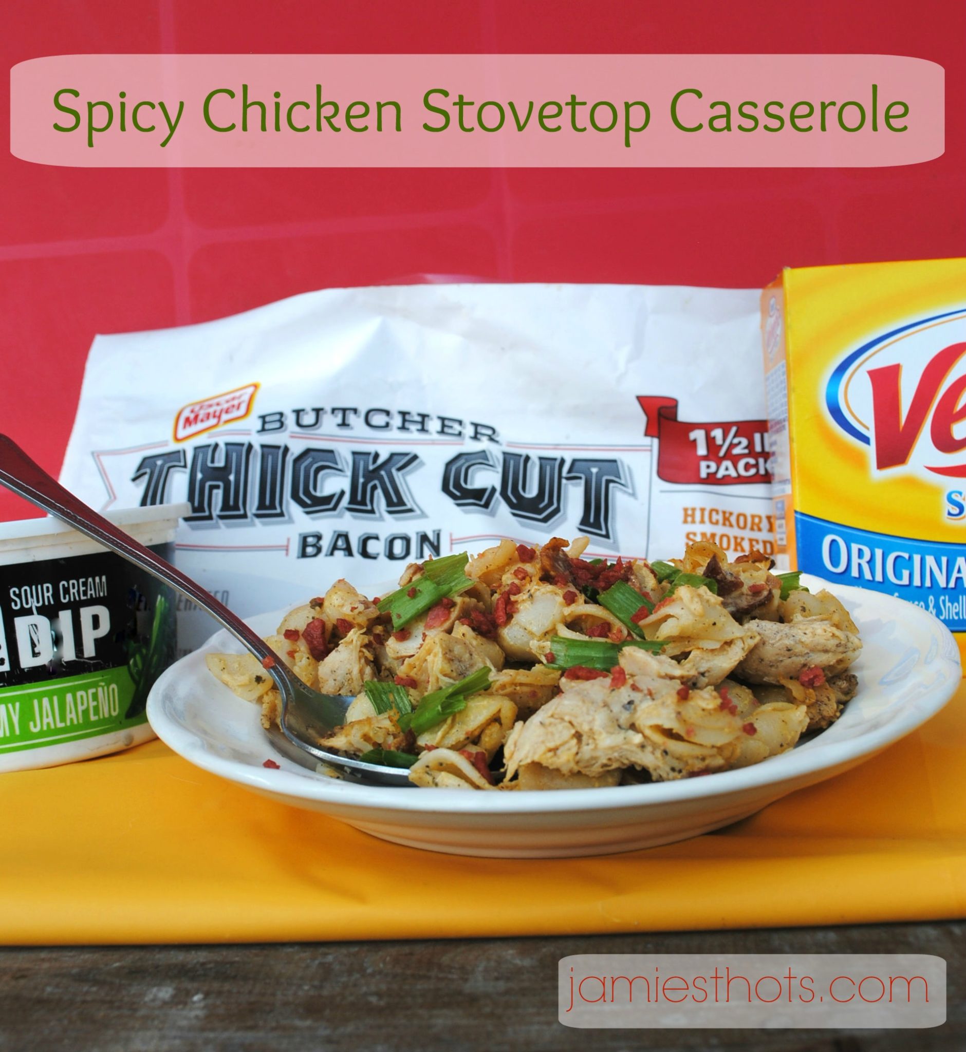 Spicy Chicken Stovetop Casserole has jalapeno sour cream dip, bacon, green onion, chicken, and shells & cheese. This same recipe can be revised to make a tasty breakfast (exchange the chicken for eggs) #shop