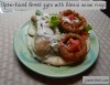 Open-faced Greek chicken gyro with Alexia onion rings