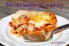 This no-boil lasagna uses traditional noodles, eggs, cottage cheese, spaghetti or pizza sauce, mozz cheese, a grated cheese blend, hamburger and egg. Yes, egg.